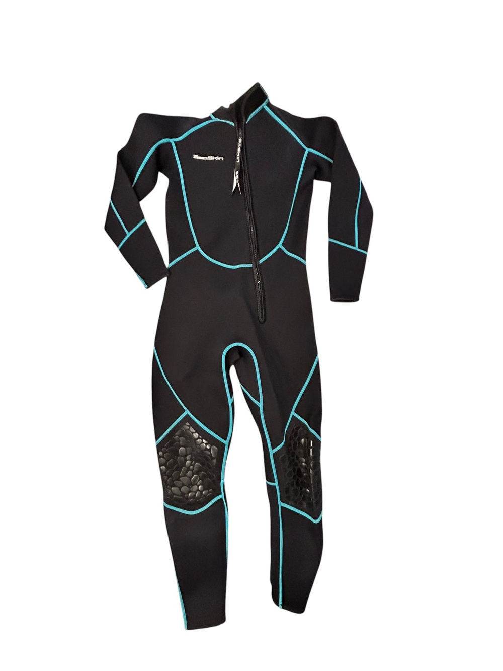 SeaSkin Black One-Piece Wetsuit Teal Piping Women’s L Neoprene Surfing Diving